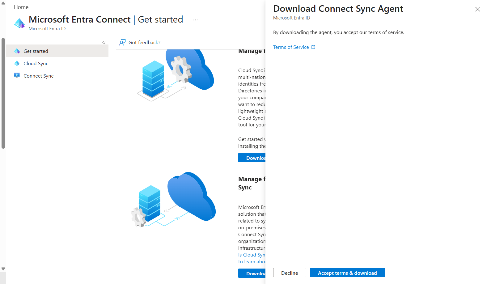 Entra Connect Sync download page inside the portal with Accept terms and download button visible
